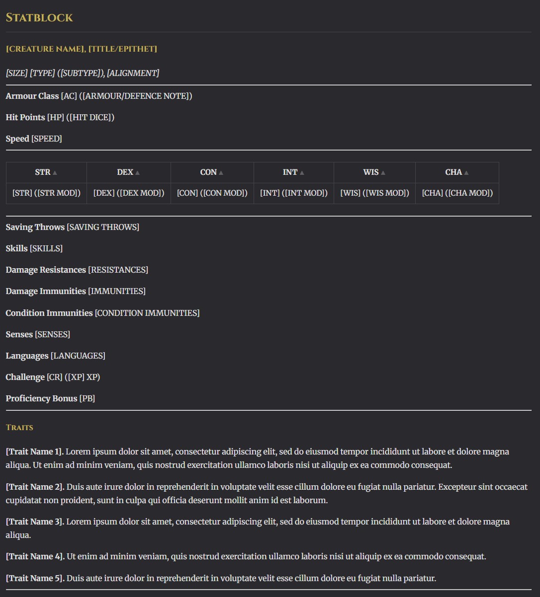 Divine Entity Template: Infobox + 5e Statblock Template (HTML)